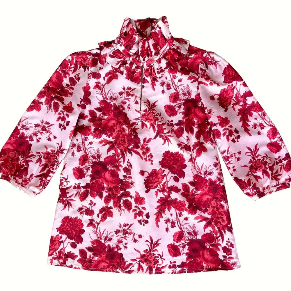 Tuckernuck Zinnia‎ Bloom Bouvier Blouse | Size XXS | Red Floral Ruffle Neck